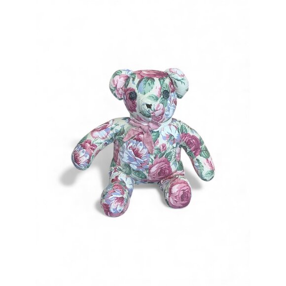 Floral Upholstered Teddy Bear With Pink Bow 15" Handmade Decorative Plush Keepsa - Picture 6 of 6